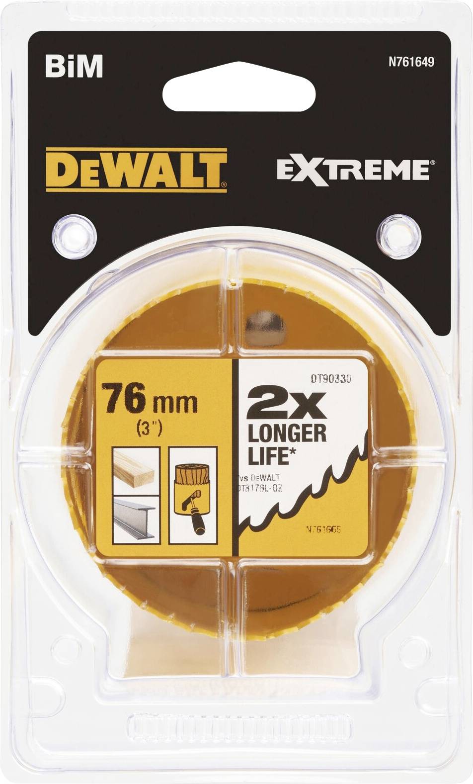 Runde Lochsäge mit der Aufschrift 'DeWalt Extreme', 76 mm. Verspricht doppelte Lebensdauer. Verpackung zeigt zwei Anwendungen: Holz und Metall.