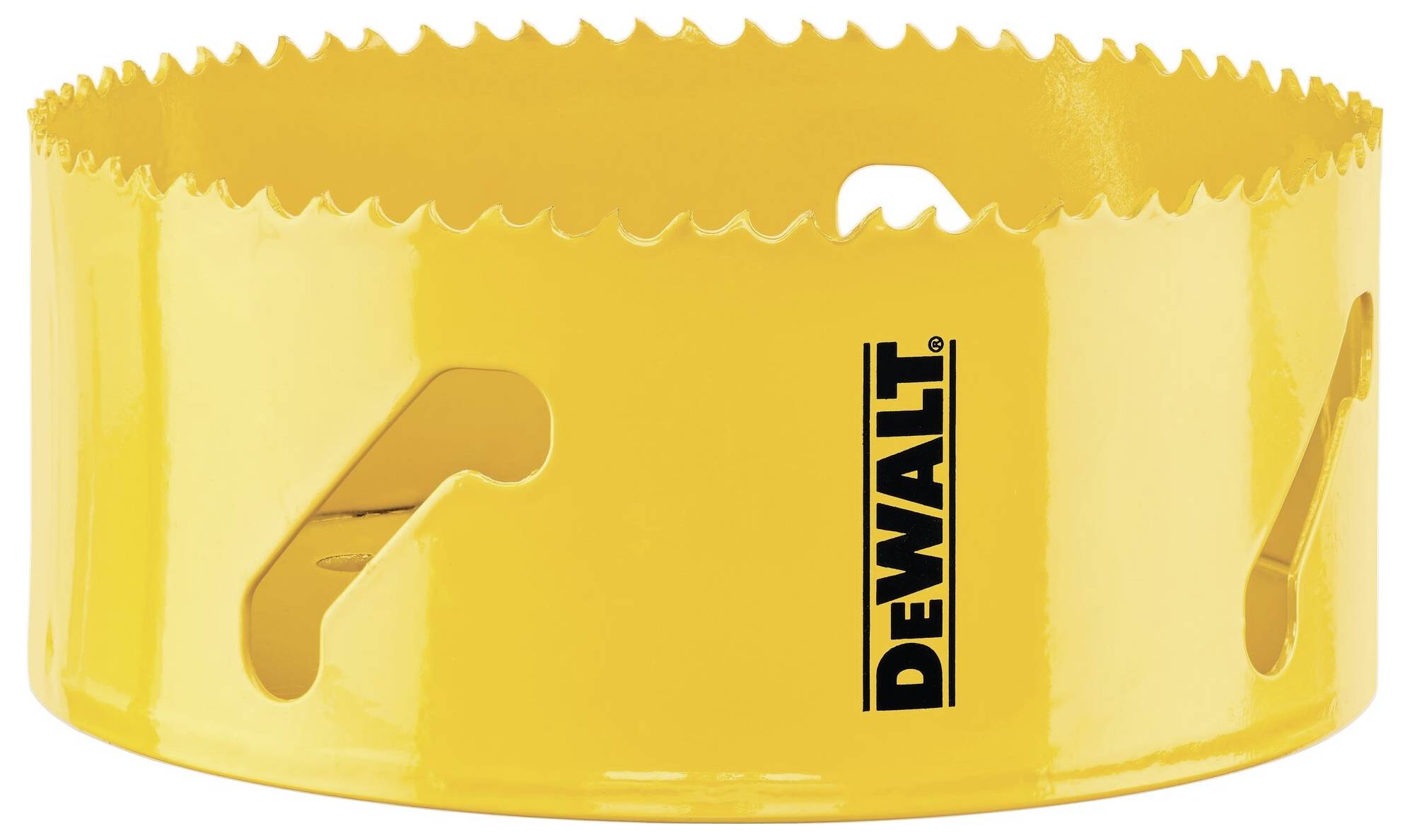 Gelbes Kreissägeblatt mit scharfen Zähnen, seitlich mit schwarzem 'DEWALT'-Logo bedruckt. Werkzeug zum Schneiden von Materialien.