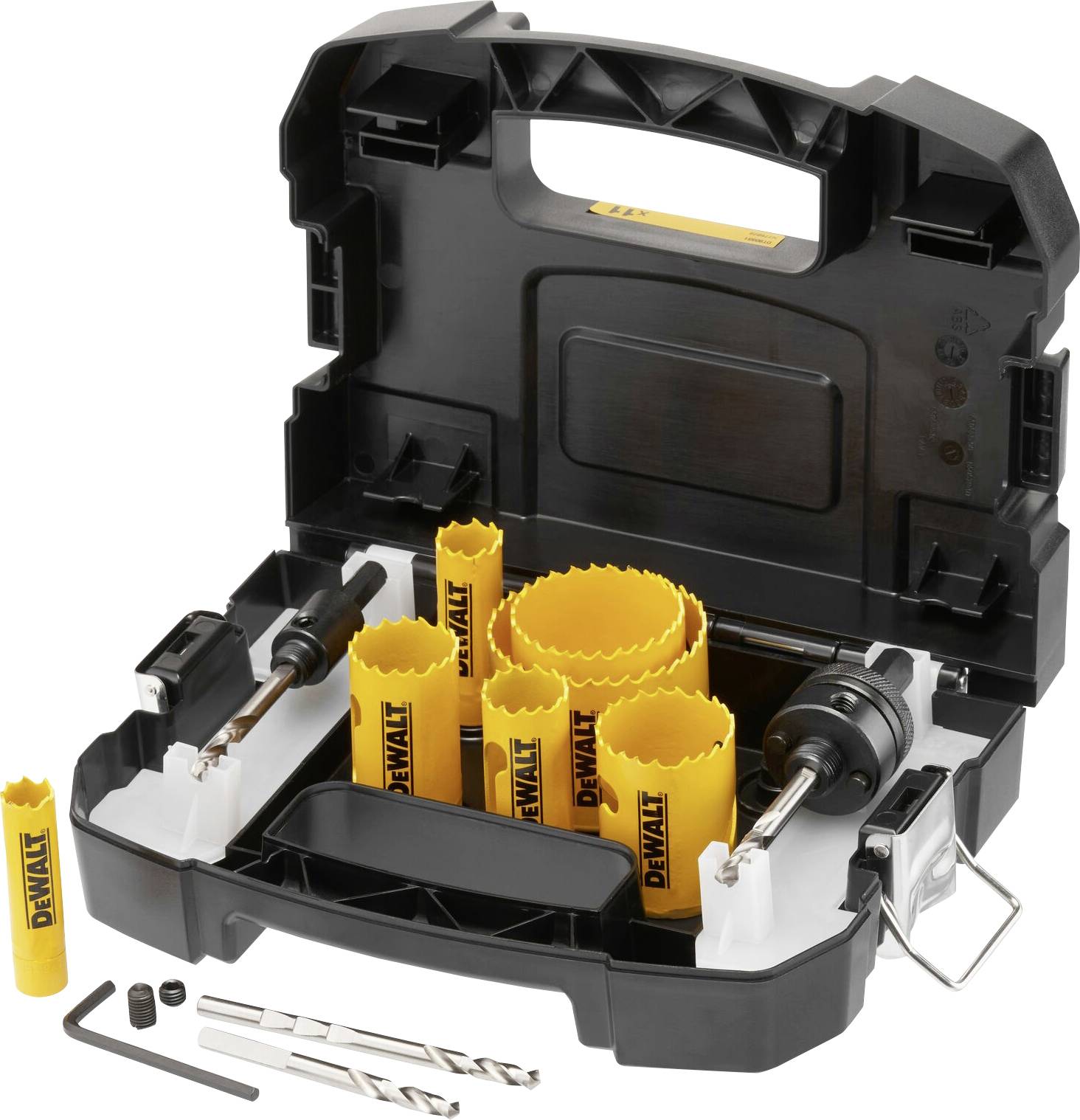 Werkzeugkasten mit gelben Lochsägen, Bohrern und Zubehör von DeWalt, präsentiert in einem schwarzen Koffer mit Tragegriff.