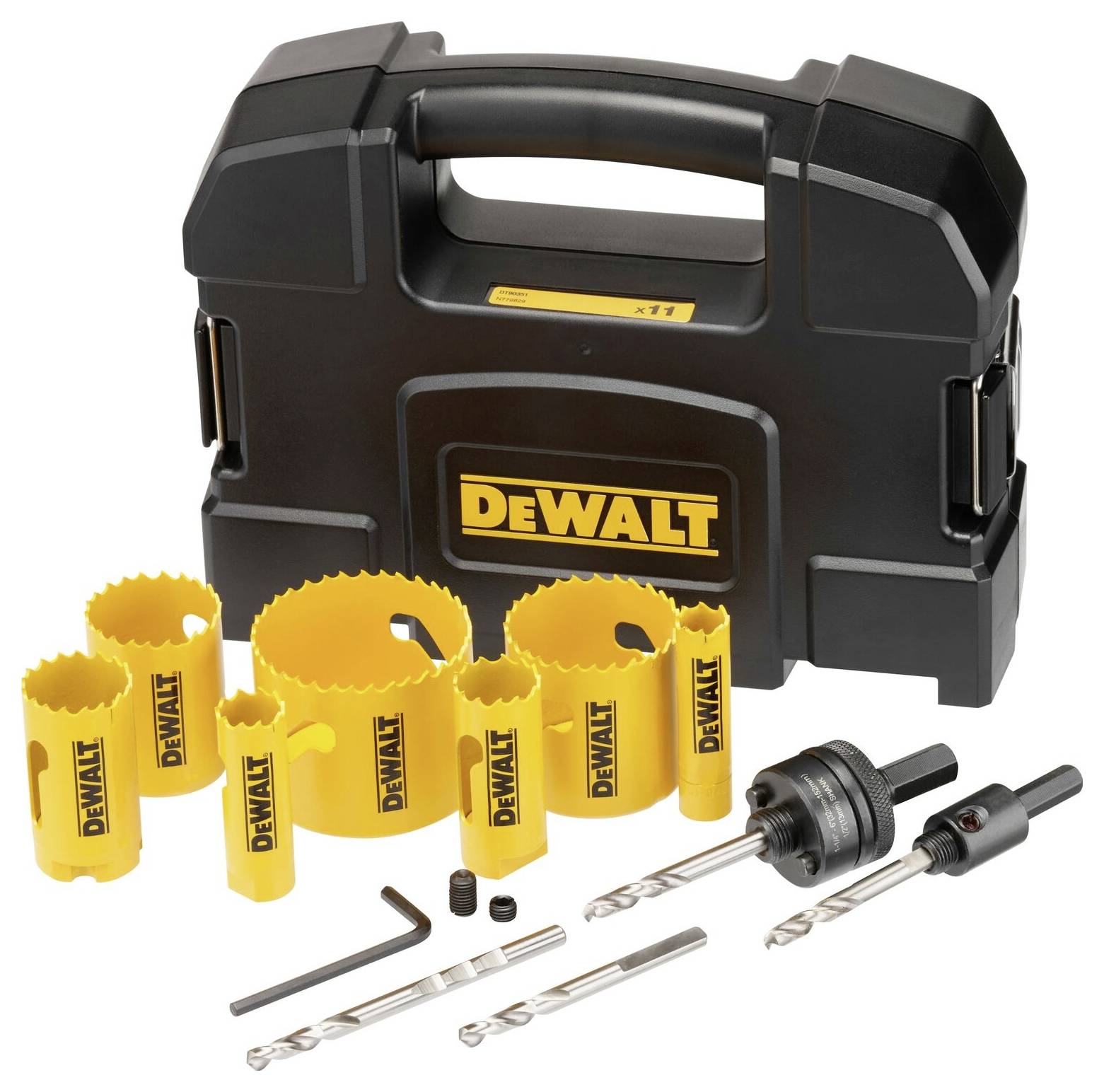 Bohrkronenset von DeWalt in gelb, inklusive Bohrer und Zubehör, vor einem schwarzen Transportkoffer. Geeignet für verschiedene Bohranwendungen.
