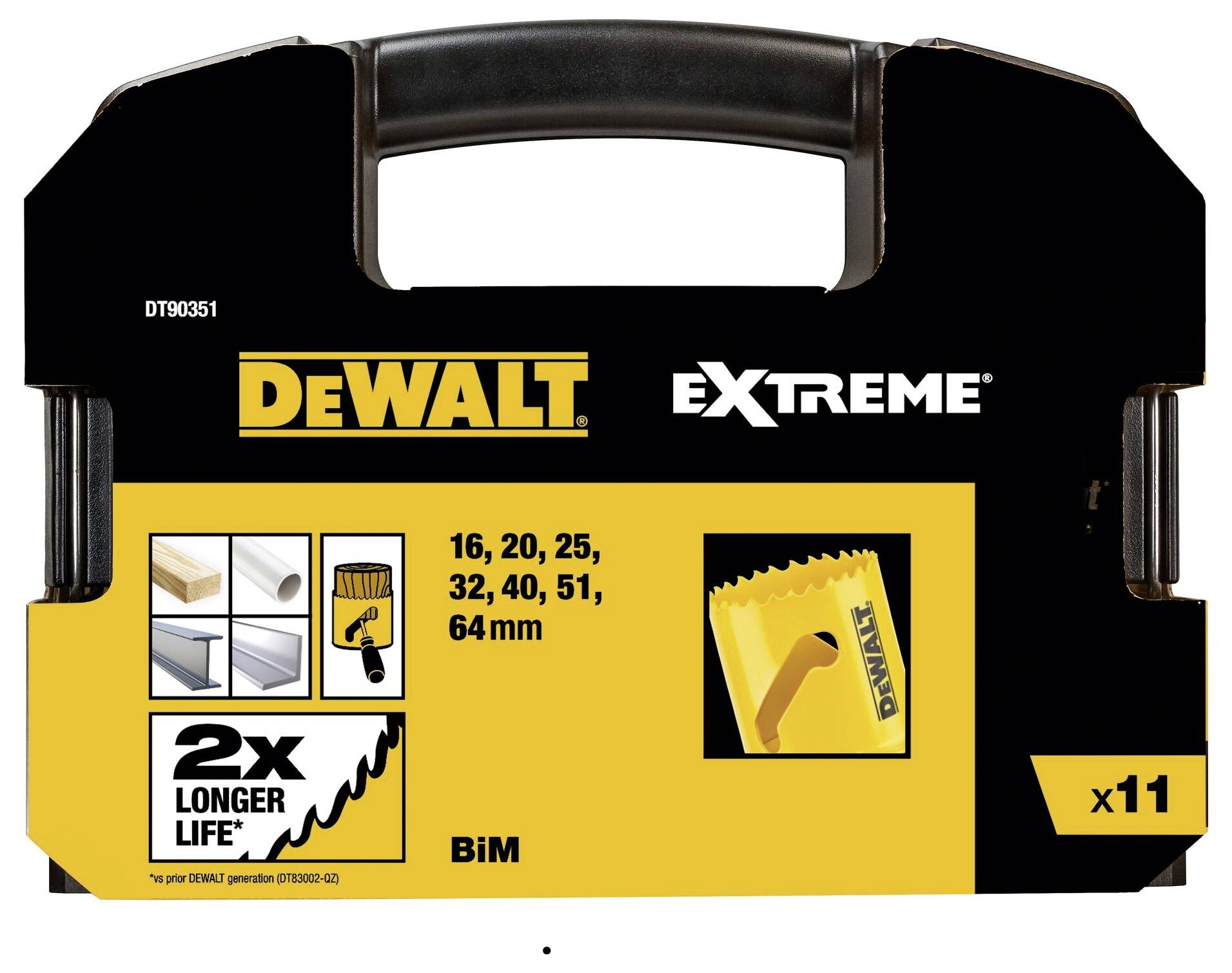 Bohrer-Set 'DeWalt Extreme', 11-teilig, für Metallbearbeitung; Größen 16-64 mm; verspricht '2x längere Lebensdauer'.