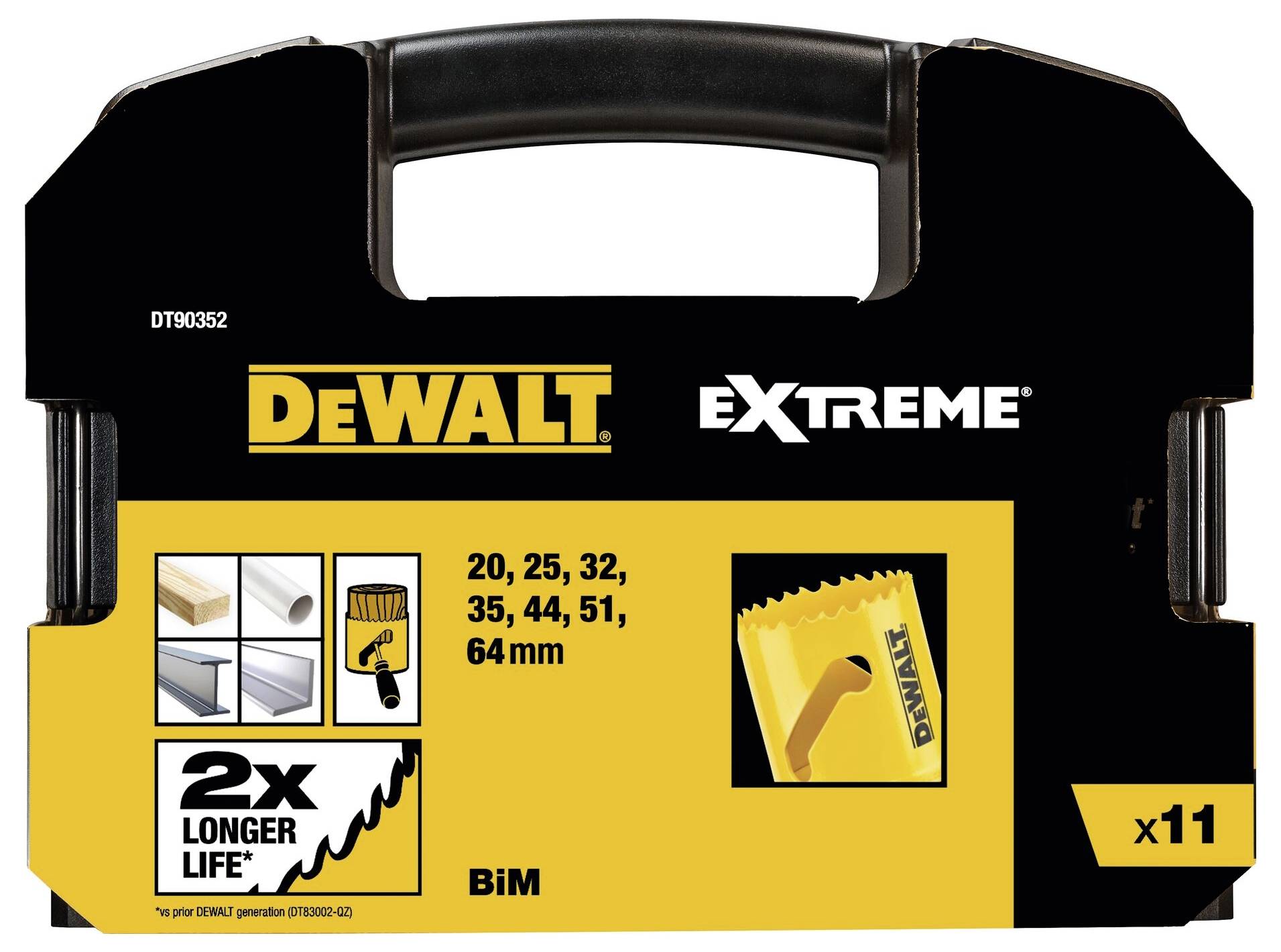 'DEWALT Extreme BiM.' Satz Lochsägen in verschiedenen Größen (20-64 mm) mit schwarzem Etui. '2x längere Lebensdauer.'