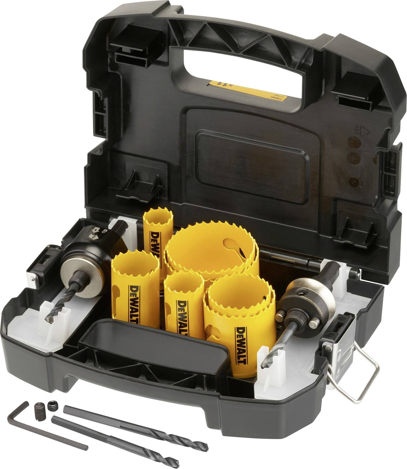 Bohrkronen-Set in geöffnetem schwarzen Kunststoffkoffer, bestehend aus gelben Bohrkronen in verschiedenen Größen und zwei schwarzen Bohrern.