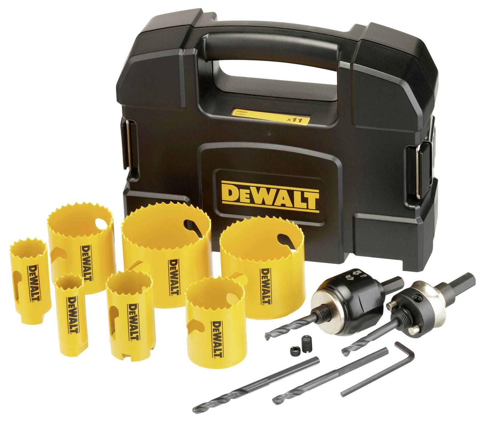 Satz von DeWalt Lochsägen und Zubehör vor schwarzem Koffer. Enthält mehrere Lochsägen verschiedener Größen, Bohrer und Inbusschlüssel.