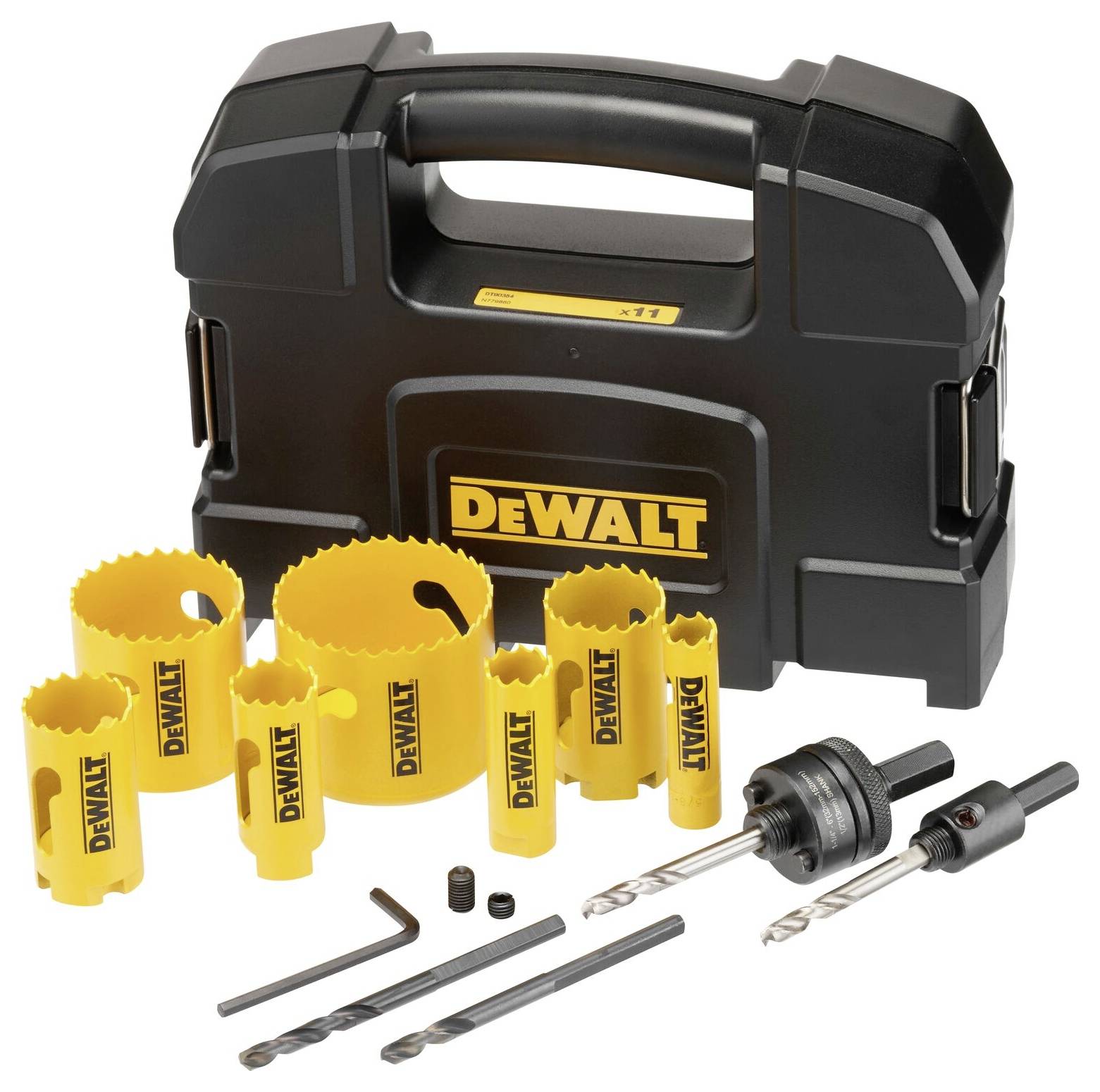 'DeWalt' Lochsägen-Set mit verschiedenen gelben Sägen und Zubehör, präsentiert vor einer schwarzen Kunststoff-Tragetasche.