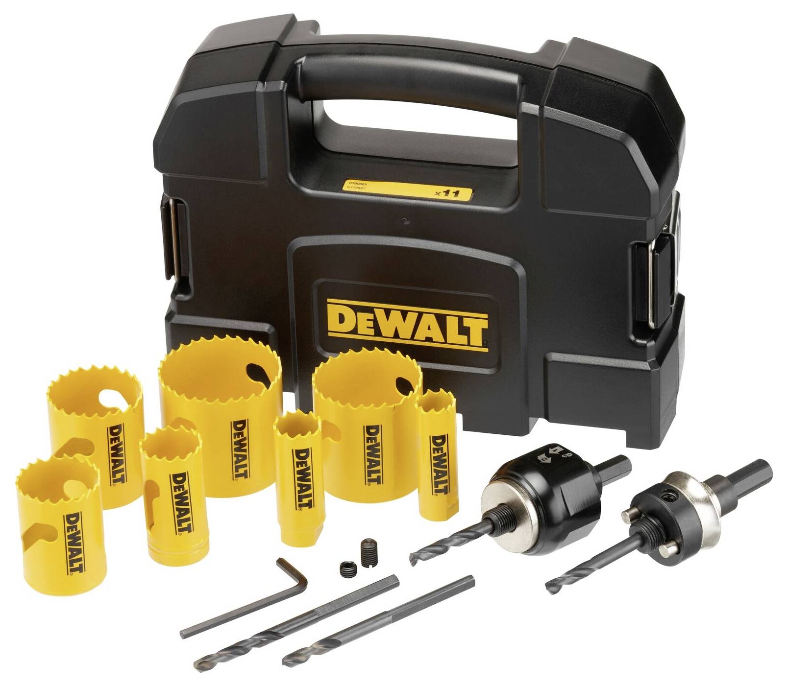 Bohrkronen-Set der Marke DeWalt mit verschiedenen Bohrköpfen und Zubehör in einem schwarzen Koffer. Hauptsächlich für Heimwerkerarbeiten geeignet.