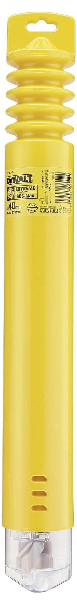 Gelber Kunststoffbehälter mit durchsichtiger Kappe, gefüllt mit acht Meißeln.