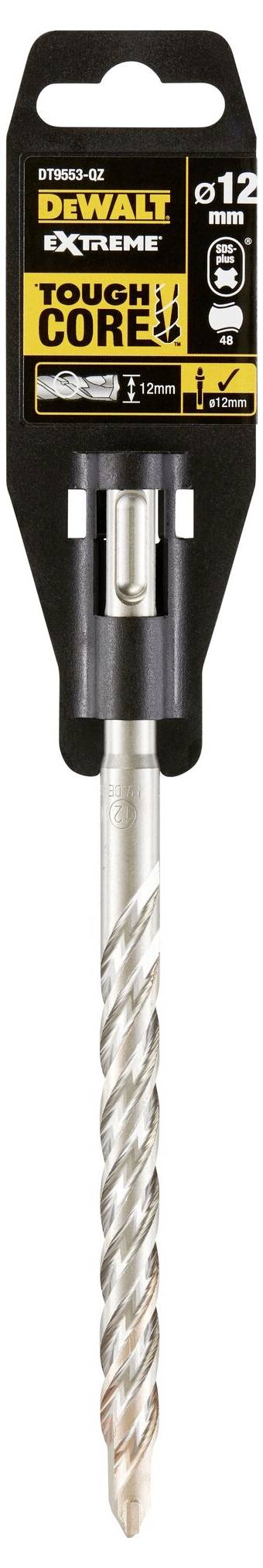 Bohrer von Dewalt mit 12 mm Durchmesser, geeignet für Beton, Mauerwerk und Stein. Verpackung zeigt Marke und Spezifikationen.