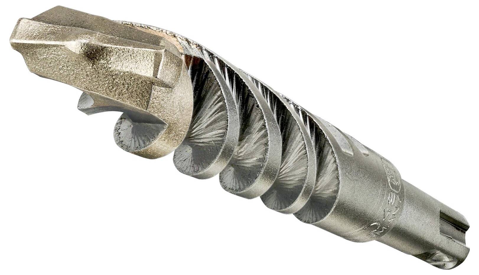 Ein metallischer Bohrer mit spiralförmigem Design, geeignet für präzises Bohren in harten Materialien, liegt auf einem weißen Hintergrund.