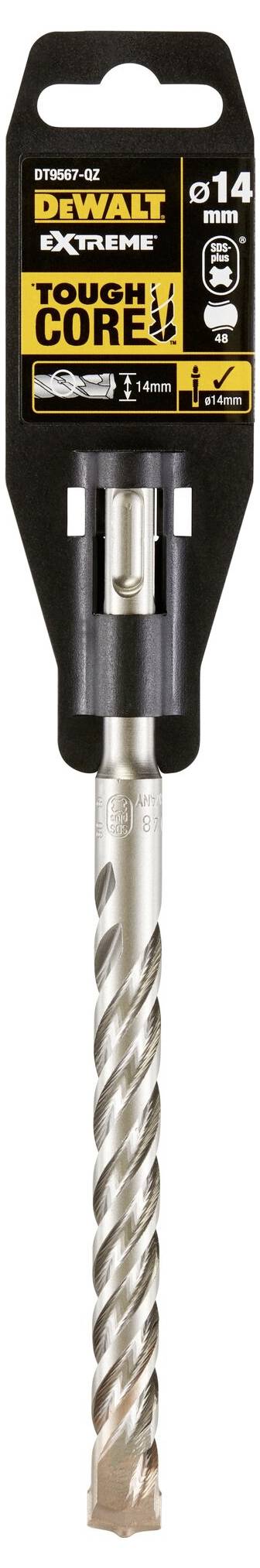 Bohrer von DeWALT mit der Aufschrift 'TOUGH CORE', Größe 14mm. Verpackung zeigt Details zu Material und Verwendungsmöglichkeiten.