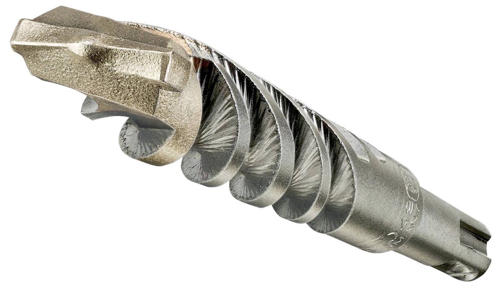 Ein metallischer Bohrkopf mit spiraliger Form und scharfen Kanten, verwendet zum Bohren harter Materialien wie Stein oder Beton.