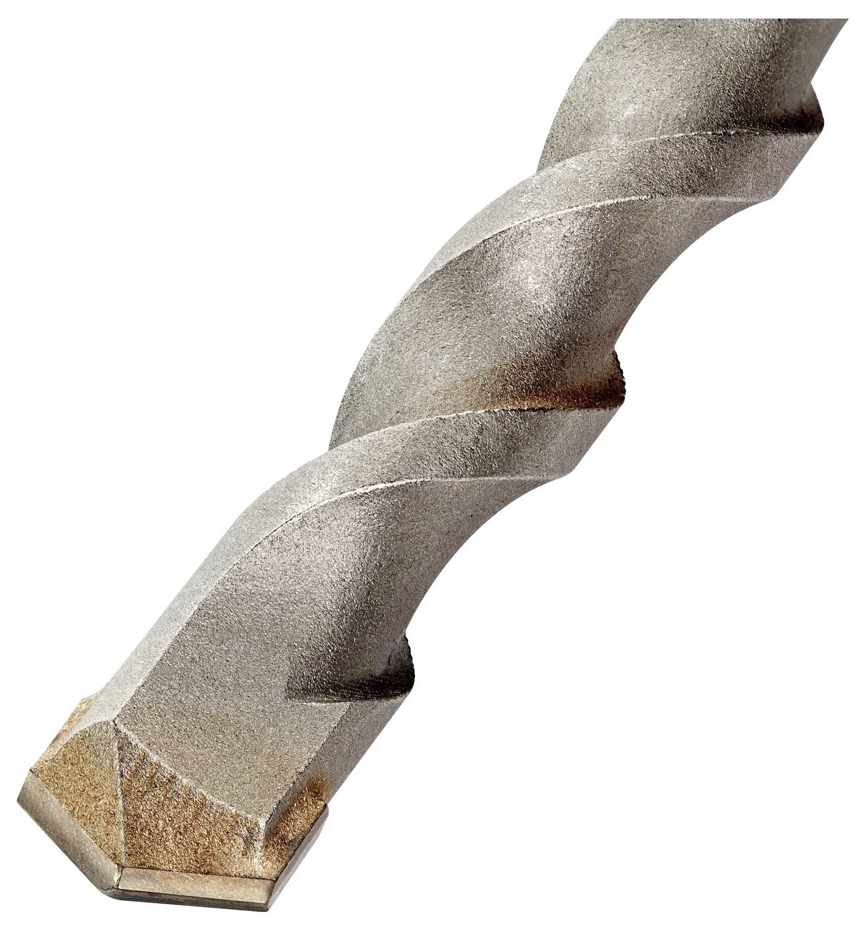 Nahaufnahme einer Bohrerspitze mit spiralförmigem Design und sechseckiger Basis. Metalische Textur und abgenutzte Ränder sichtbar.