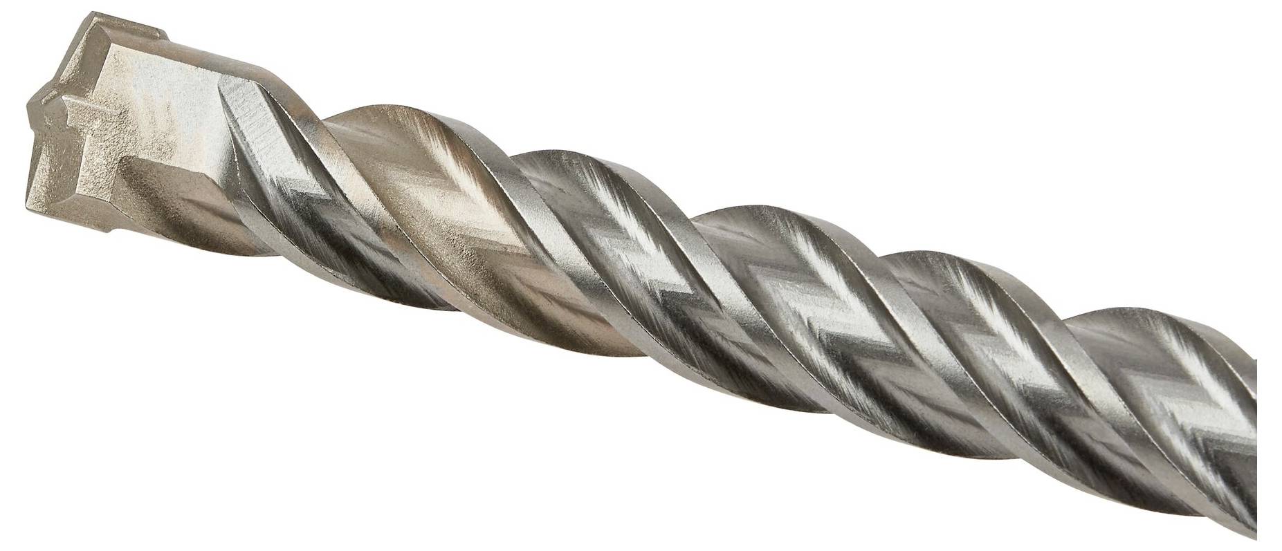 Nahaufnahme eines silbernen Bohrers mit spiralförmigem Design und scharfer Spitze, geeignet für das Bohren in harte Materialien.