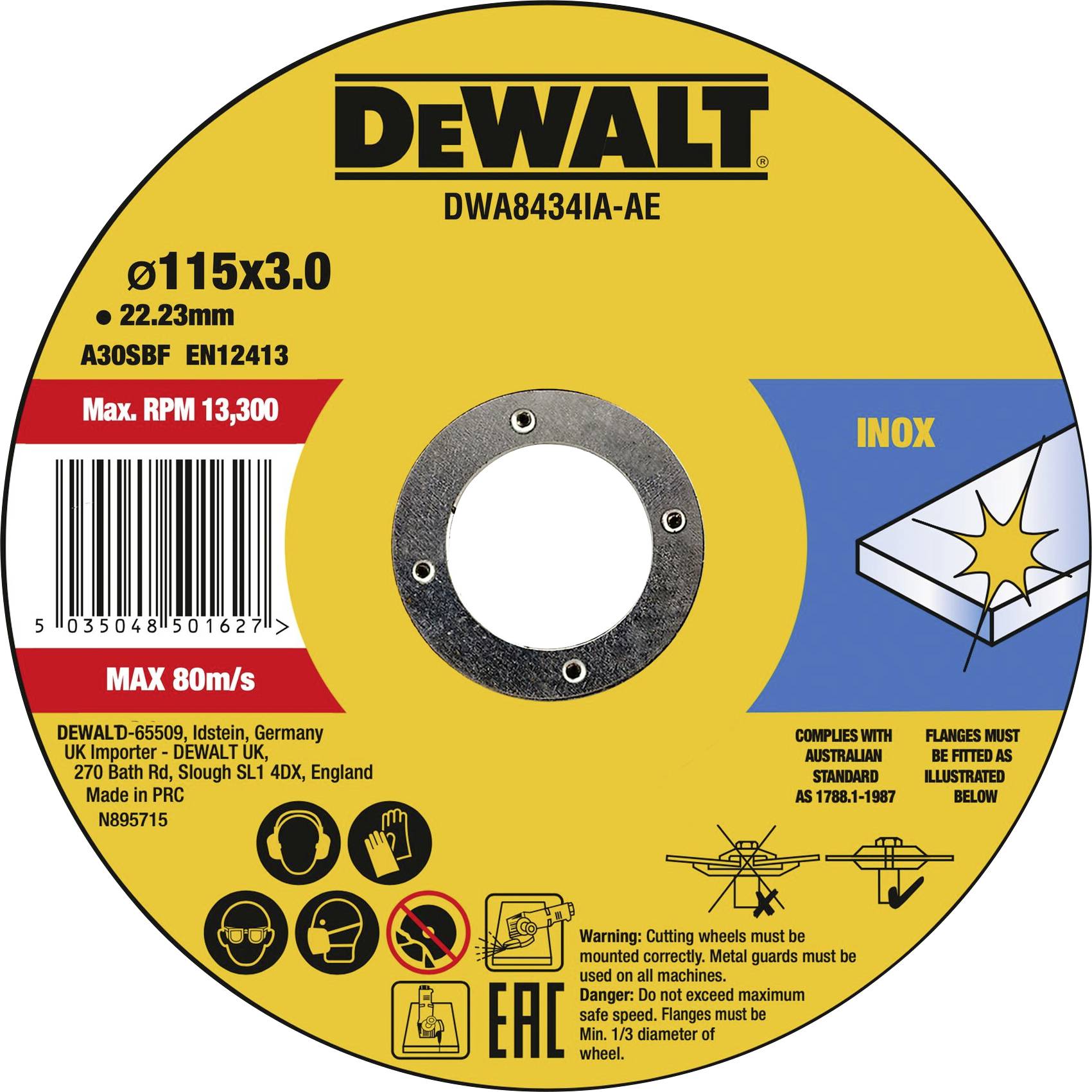 Eine DeWalt-Trennscheibe für Edelstahl, Ø115x3.0mm, max. RPM 13.300, A30SBF EN12413 zertifiziert, mit Sicherheits- und Gebrauchssymbolen.