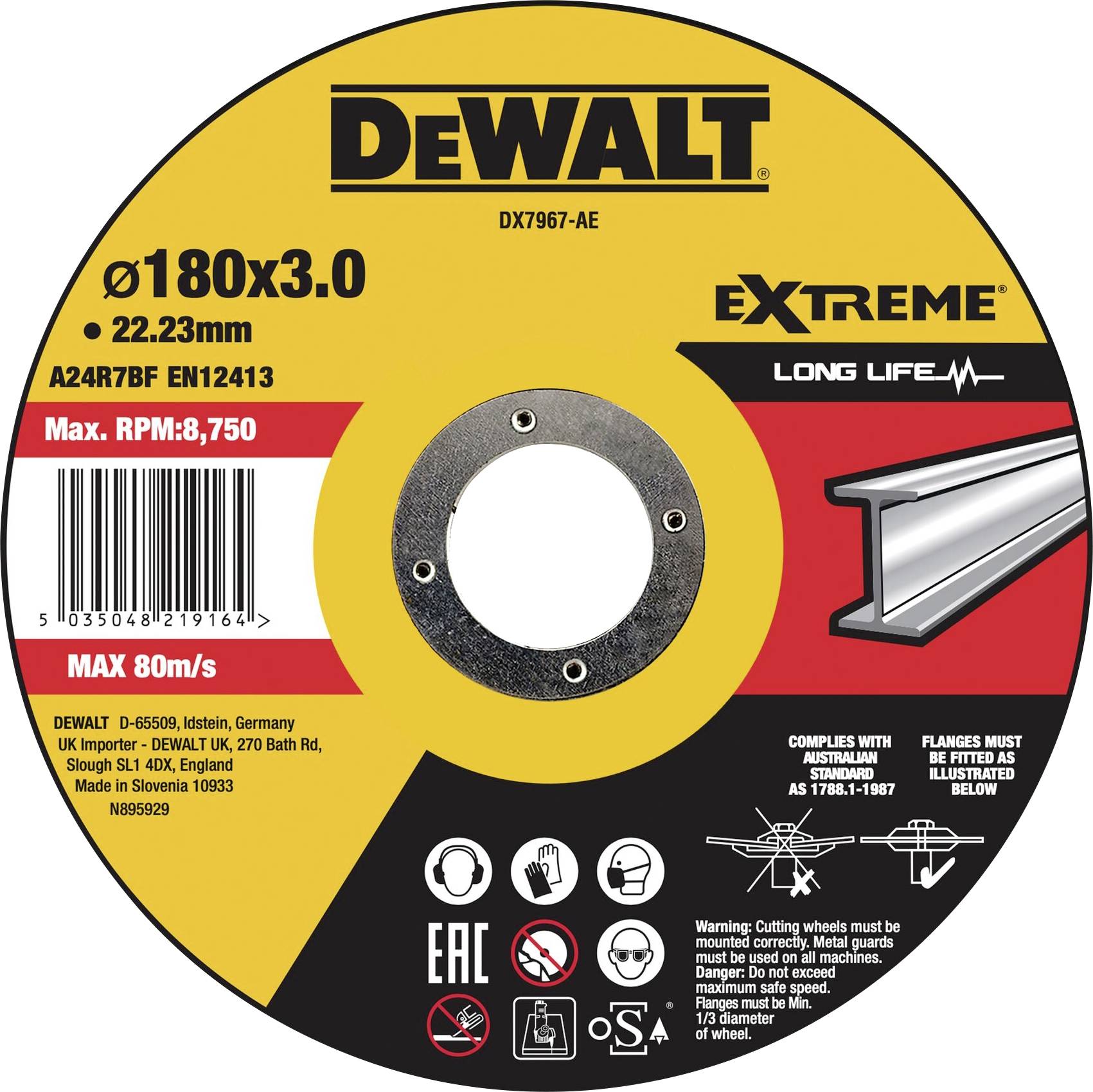 Trennscheibe von DeWalt für Metall, Durchmesser 180mm, dicke 3mm, max. 80 m/s. Achtungshinweise und Sicherheitslogos sind abgebildet.