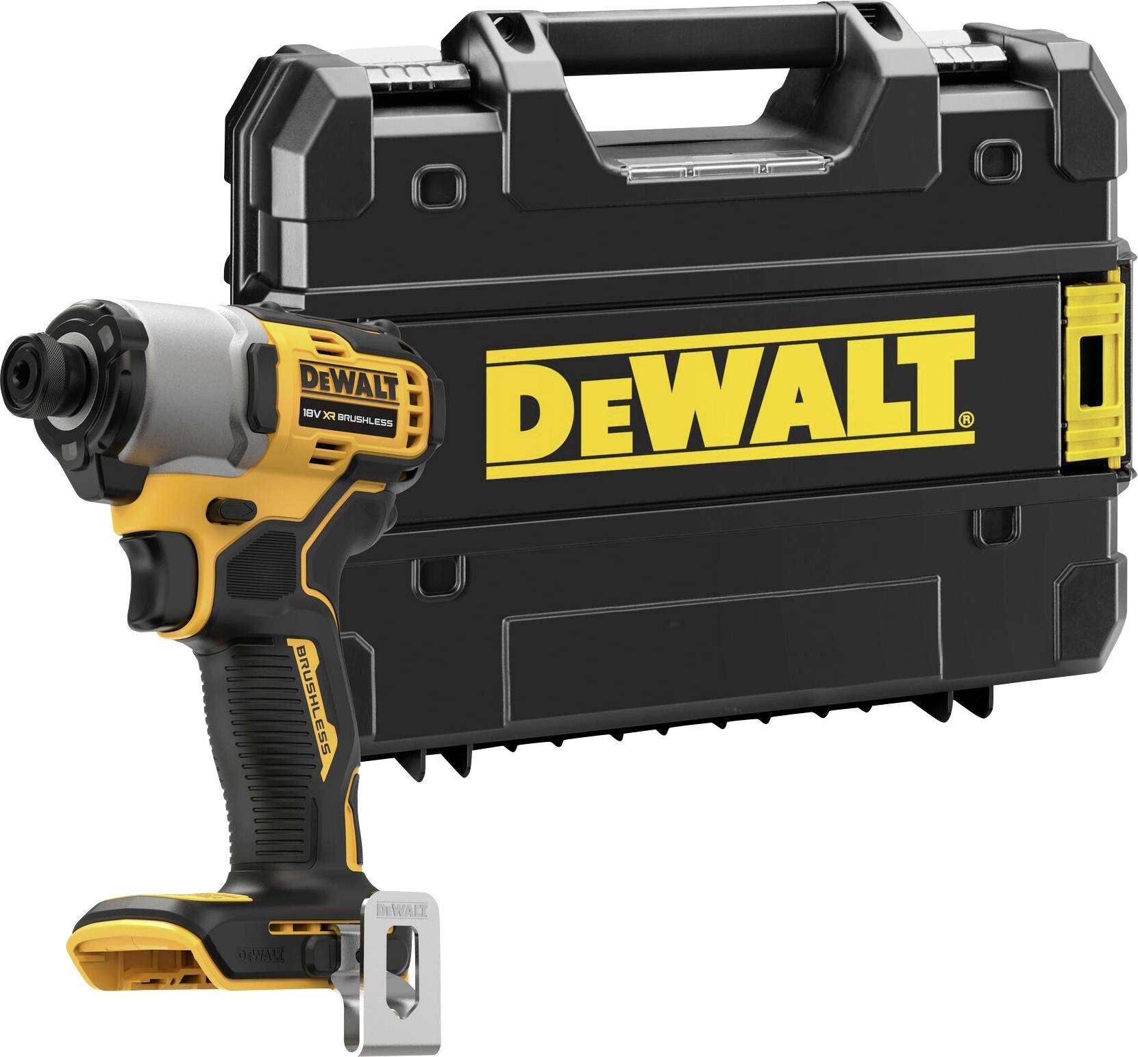 Ein kabelloser DeWalt-Schlagschrauber mit Bürstenmotor steht vor einem schwarzen Hartschalenkoffer mit gelbem DeWalt-Logo.