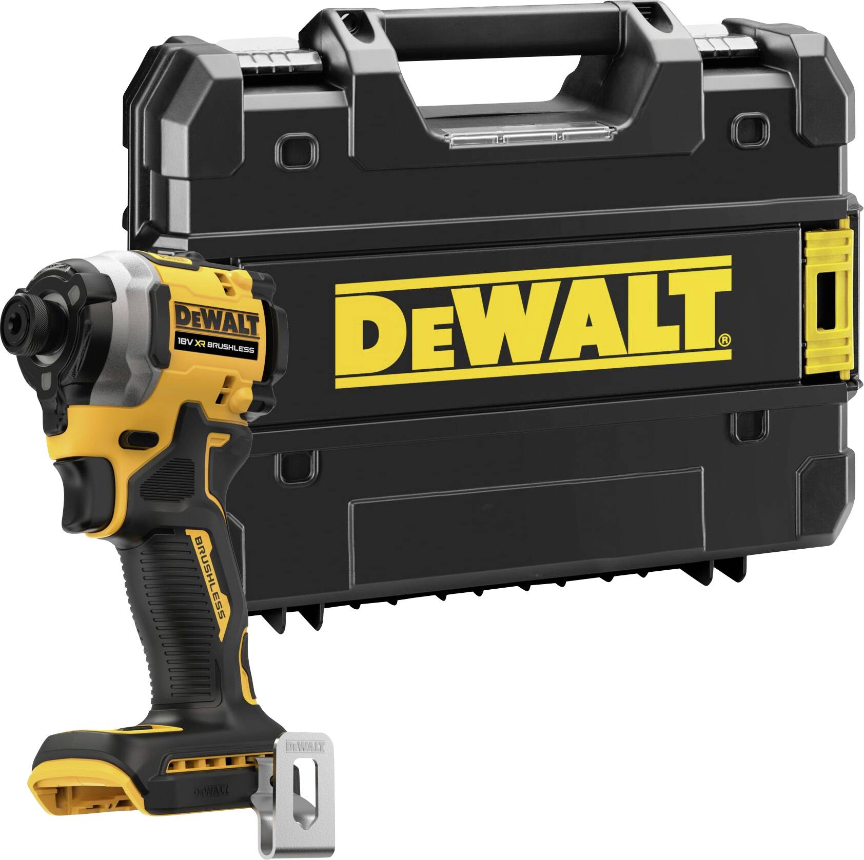 Eine kabellose Bohrmaschine von Dewalt vor einem schwarzen Werkzeugkoffer mit gelbem 'DEWALT'-Logo.