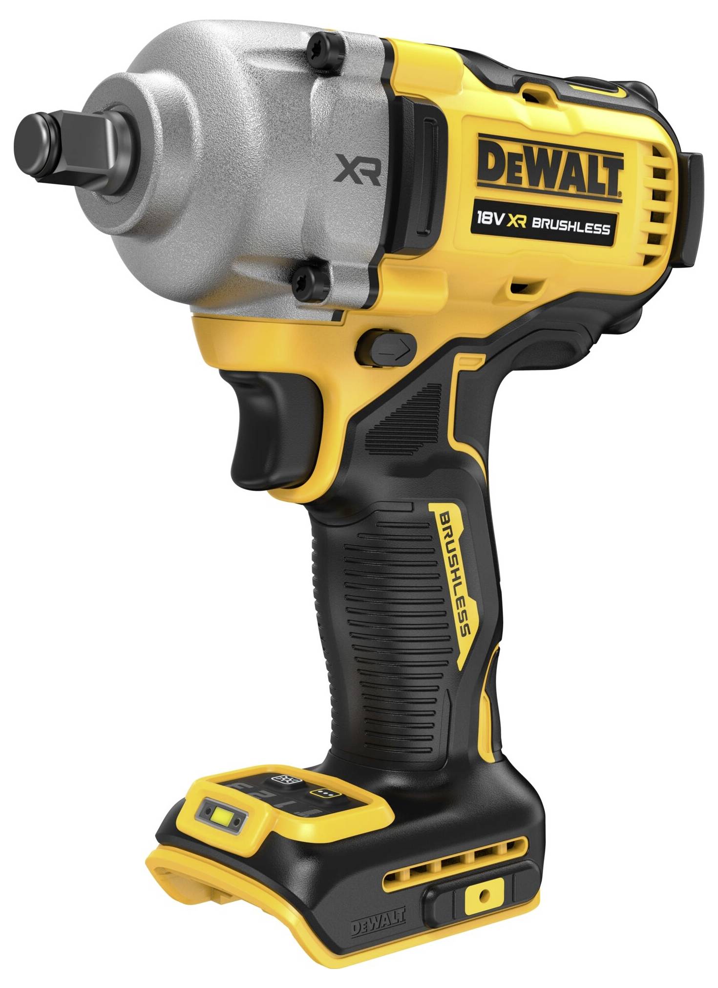 Ein gelber und schwarzer kabelloser Schlagschrauber der Marke DeWalt, Modell 18V XR Brushless.