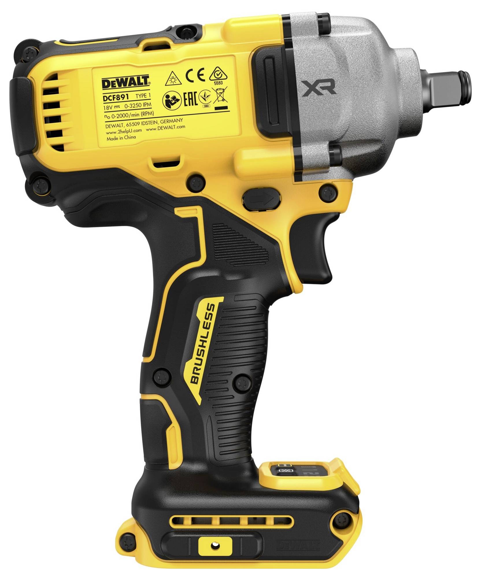 Ein gelb-schwarzer, kabelloser Schlagschrauber von DEWALT, Modellnummer DCF911, wird aufrecht gezeigt.
