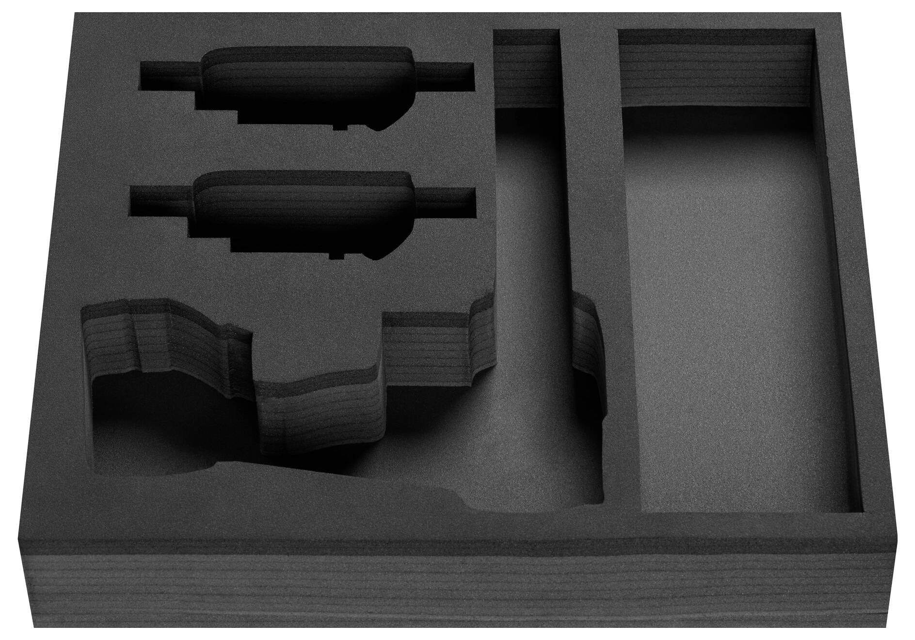 Schaumstoffeinlage mit mehreren Aussparungen für Werkzeuge, zwei rechteckige und zwei runde Fächer, dunkelgraue Farbe.
