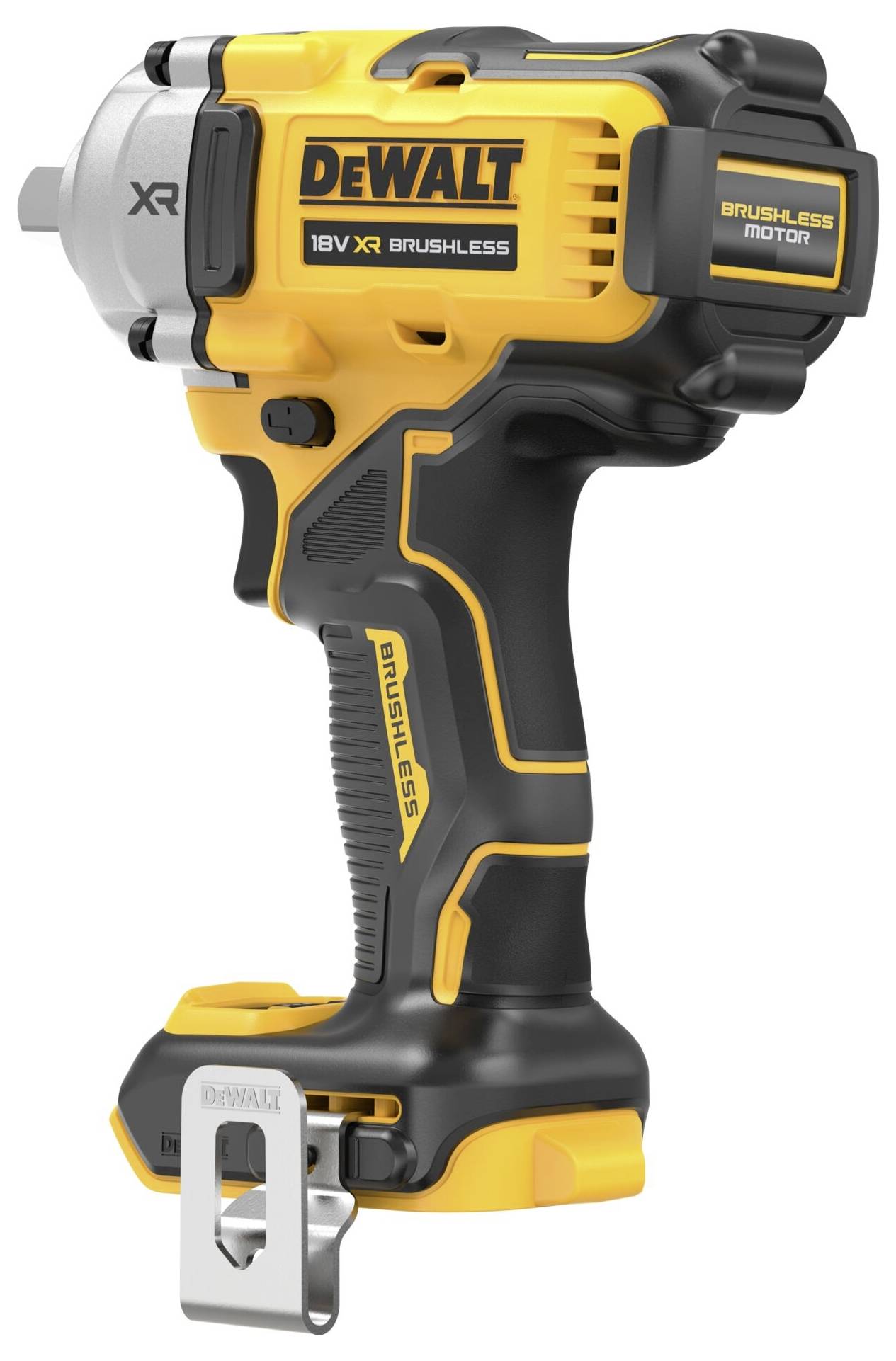 Ein gelber und schwarzer Akku-Schlagschrauber von DeWalt mit bürstenlosem Motor und einem robusten Design für anspruchsvolle Aufgaben.
