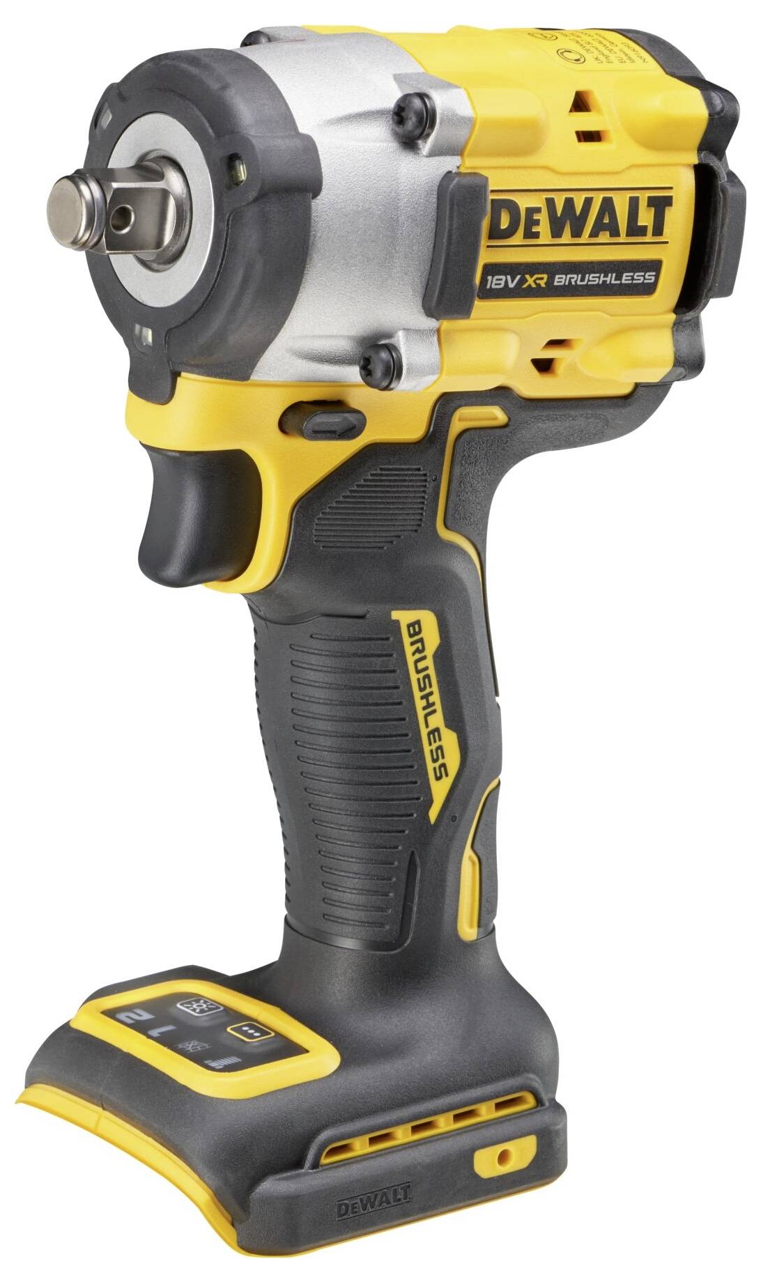 Akku-Schlagschrauber in Schwarz-Gelb von DeWalt, zeigt kompakte Bauweise und gummierte Grifffläche für bessere Handhabung.