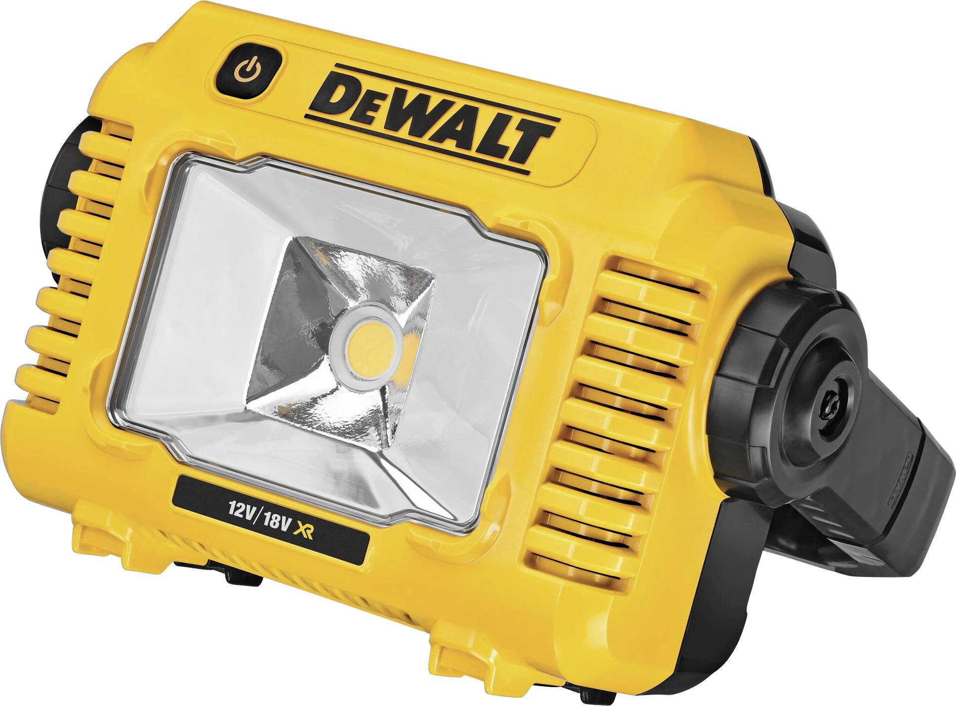 Gelbes, tragbares LED-Baustellenlicht mit 'DEWALT'-Logo, geeignet für 12V/18V XR-Batterien.