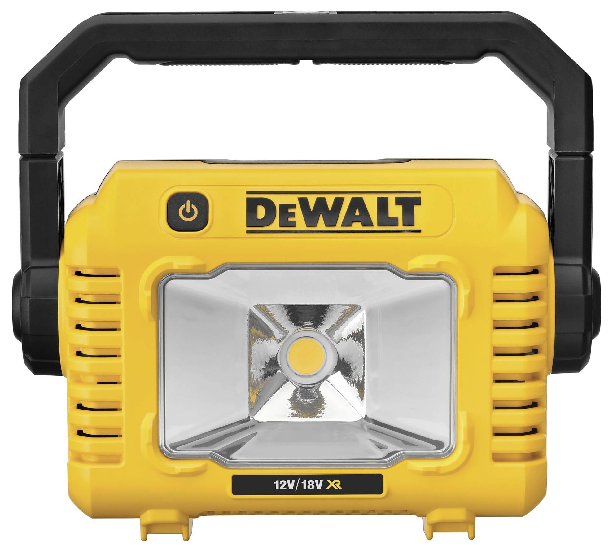 Gelber tragbarer DeWalt-Arbeitsstrahler mit robustem Design, Haltegriff und silbernem Reflektor in der Mitte.