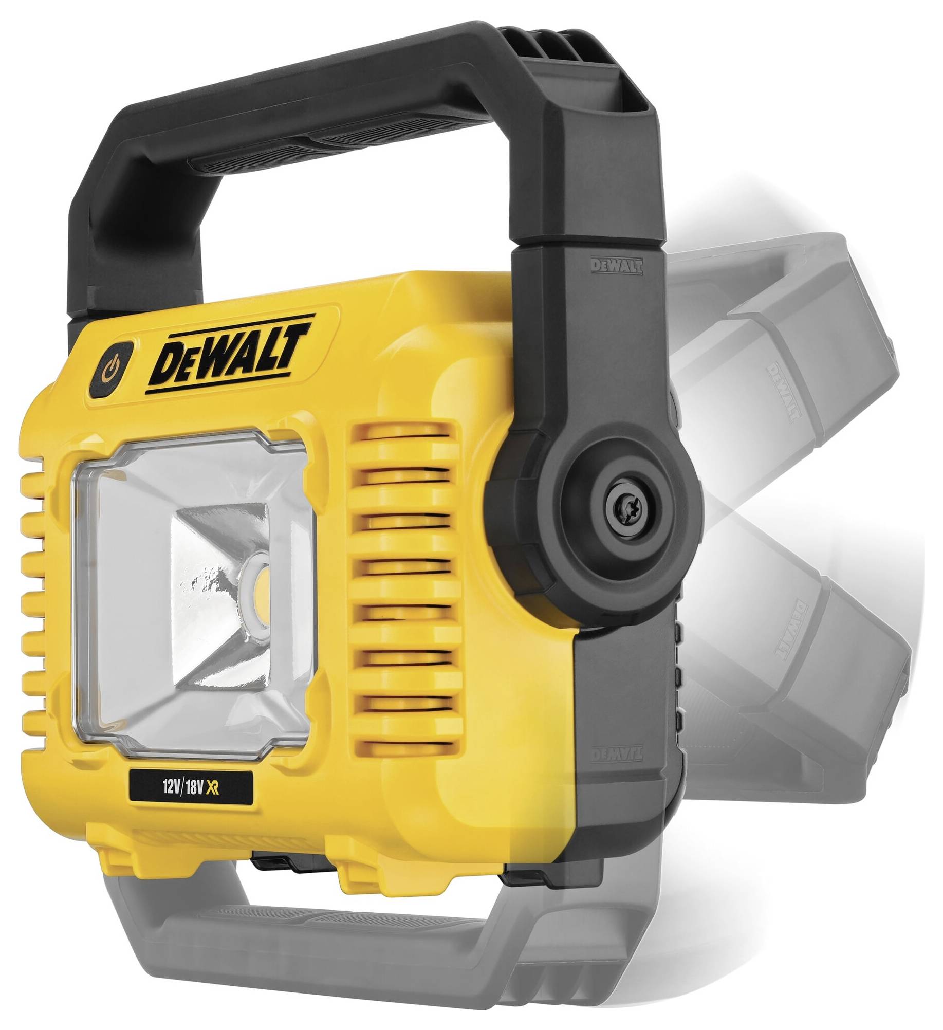 Multifunktionale, gelb-schwarze LED-Baustellenlampe von DeWalt mit verstellbarem Griff und schwenkbarem Lichtkopf für flexible Beleuchtung.