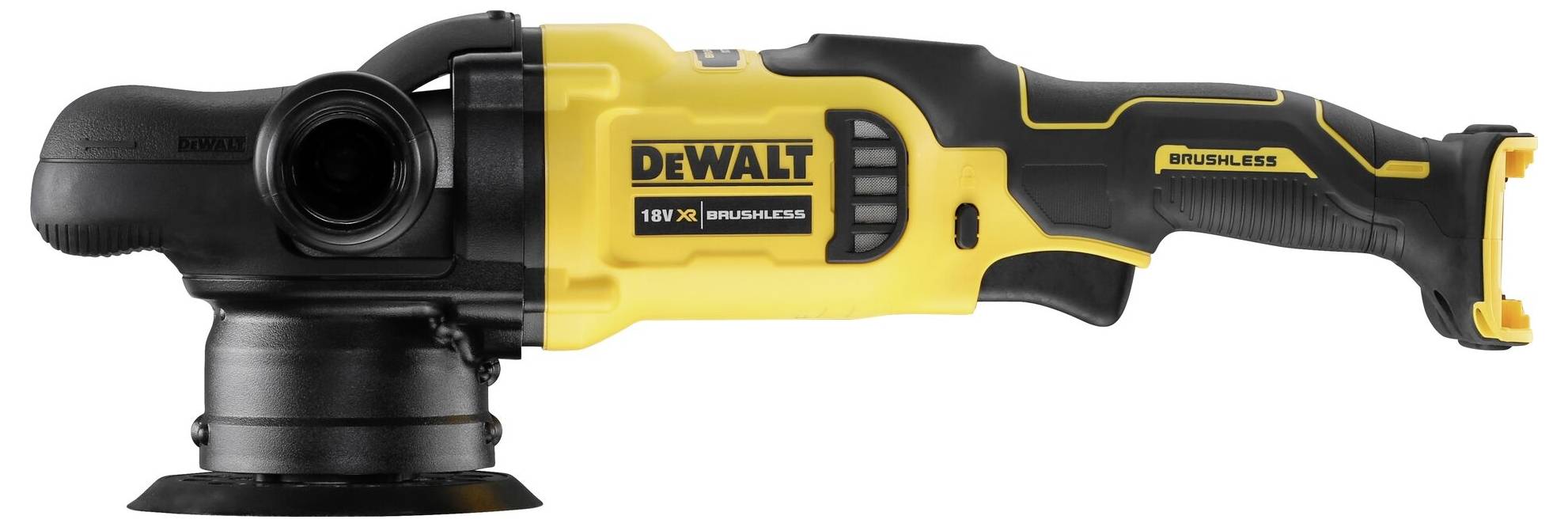 Akku-Winkelschleifer der Marke Dewalt in gelb-schwarzem Design, gezeigt von der Seite. Modell mit bürstenlosem Motor für effizientes Arbeiten.