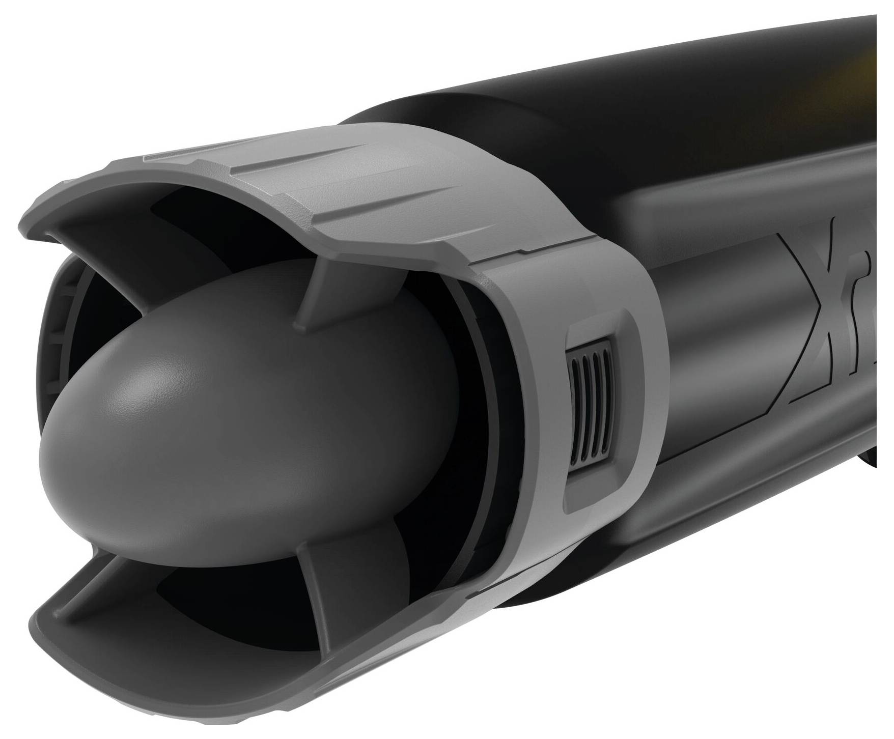 Ein schwarzes und graues elektronisches Gerät mit abgerundeter Spitze und Schutzhülle zeigt den vorderen Teil eines Werkzeugs.