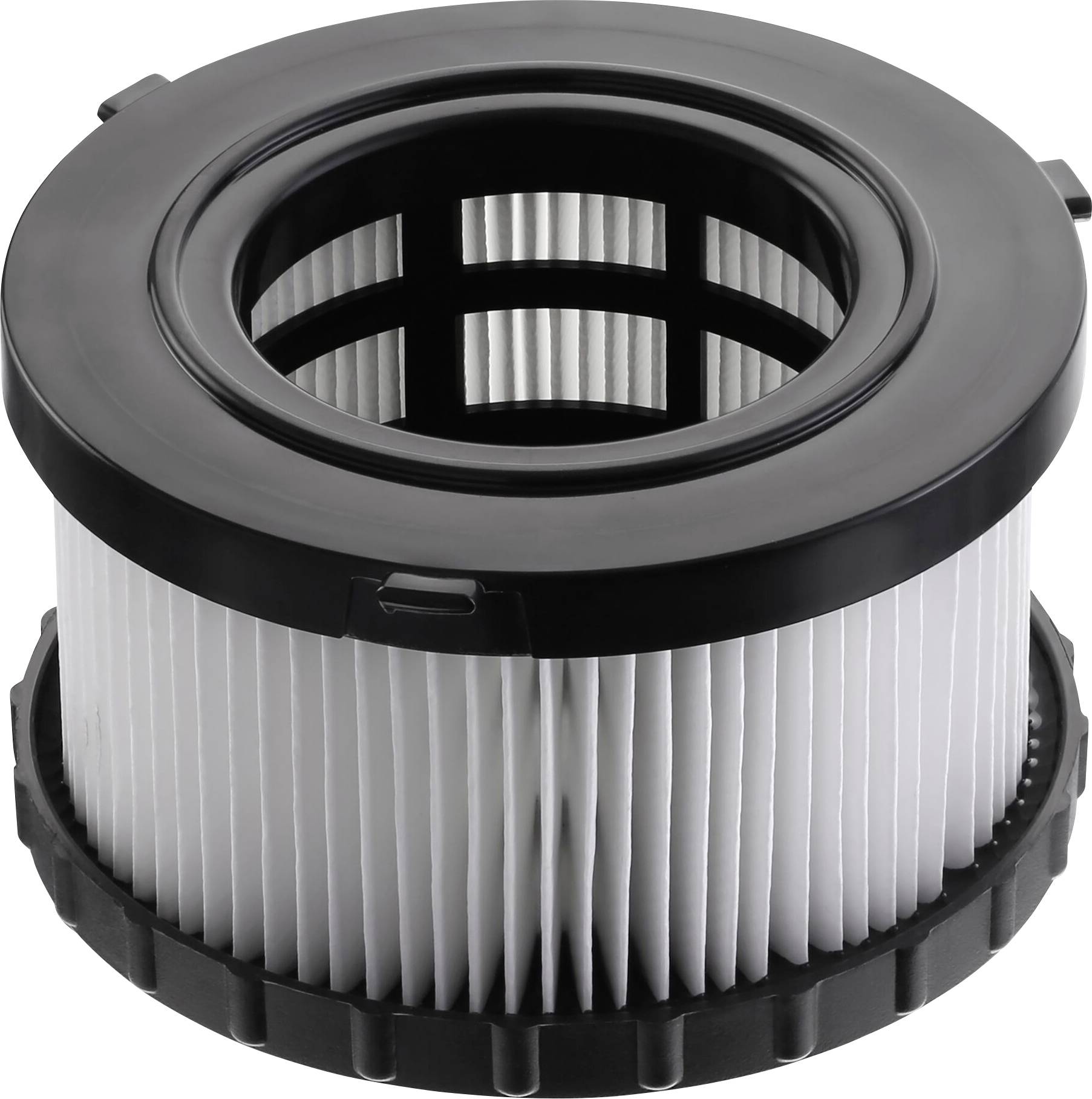 Luftfilter in zylindrischer Form mit schwarzem Rahmen und weißen gefalteten Filterelementen.