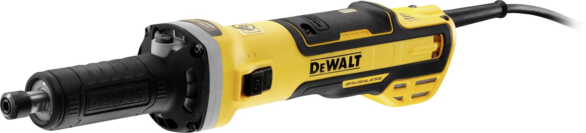 Ein gelber, elektrischer Winkelschleifer von DEWALT mit einem langen schwarzem Griff. Verwendet zum Schleifen und Schneiden.