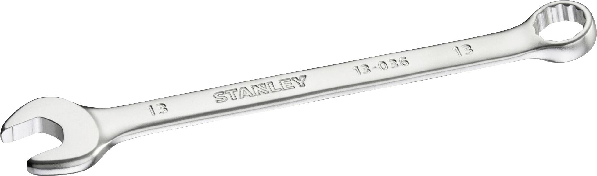 Silberner Schraubenschlüssel mit offenen und geschlossenen Enden, auf der Oberfläche die Aufschrift 'STANLEY 13-035'.