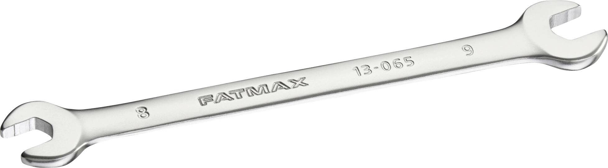 Ein silberner Doppelschlüssel von 'FATMAX', mit den Größenangaben '8' und '9' an den Enden. Ideal für Heimwerker- oder Reparaturarbeiten.