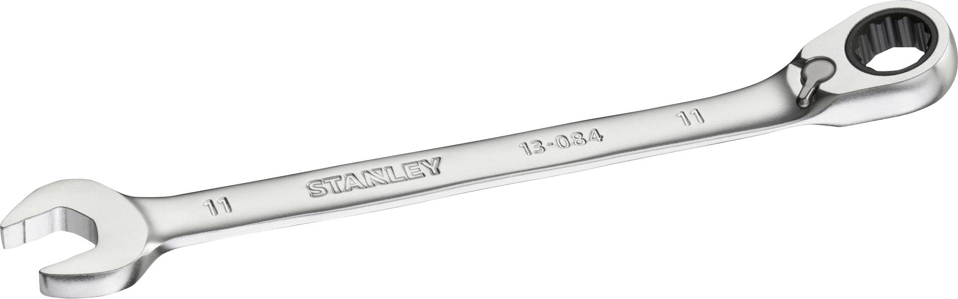 Ein silberner Schraubenschlüssel mit offenem und geriffeltem Ende, gekennzeichnet mit 'STANLEY 13-084' und der Zahl '11'.