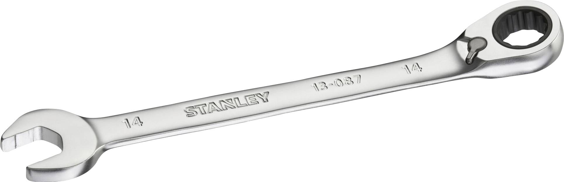 Ein silberner Ringschlüssel mit offener und geschlossener Seite, graviert mit 'STANLEY' und den Nummern '13-0187' und '14'.