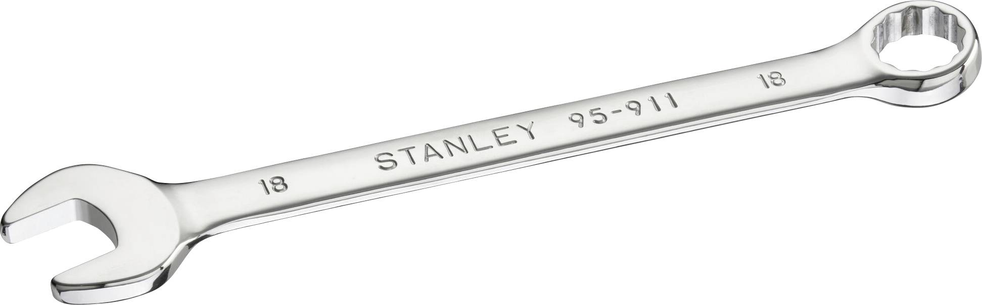 Ein verchromter Maulschlüssel der Marke Stanley mit der Produktnummer 95-911. Links und rechts sind die Schlüsselweiten mit '18' markiert.