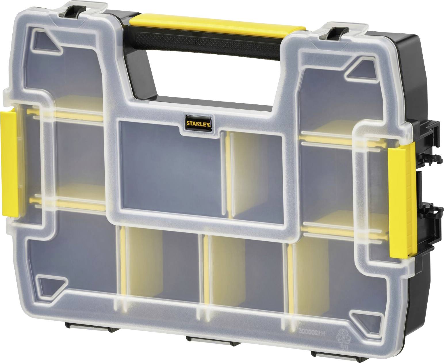 Ein transparenter Kunststoff-Werkzeugkasten mit schwarzem Griff und gelben Details, zwei Reihen mit sechs Fächern zur Aufbewahrung.