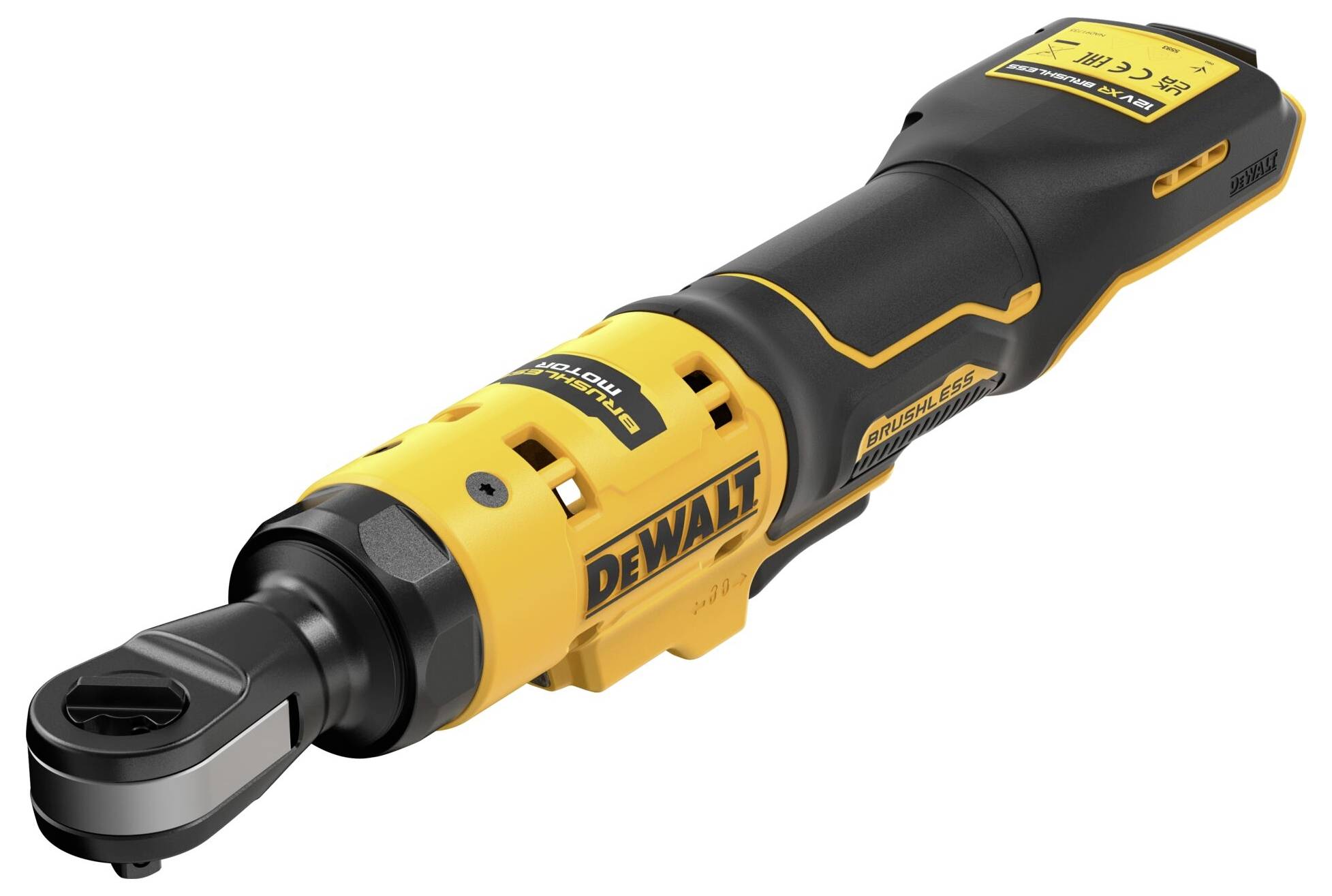 Gelb-schwarzer Akku-Ratschenschrauber mit einem kompakten Design, ideal zum Lösen oder Festziehen von Schrauben an schwer zugänglichen Stellen.