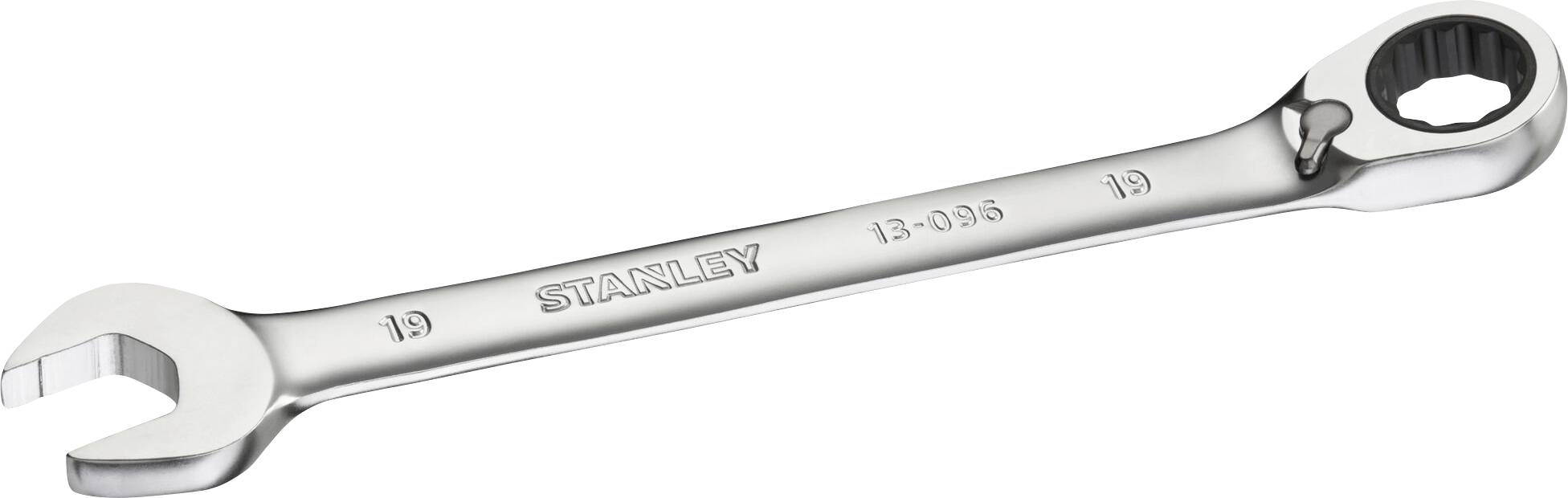 Ein silberner Schraubenschlüssel mit offenem und Ringschlüsselende. Auf dem Griff steht 'Stanley' und '13-095'.