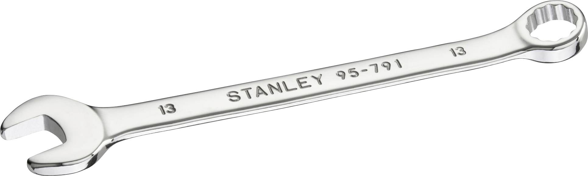 Ein verchromter Gabelschlüssel mit der Aufschrift 'STANLEY 95-791'. Links offene Gabel, rechts Ringschlüssel. Größe: 13 mm.