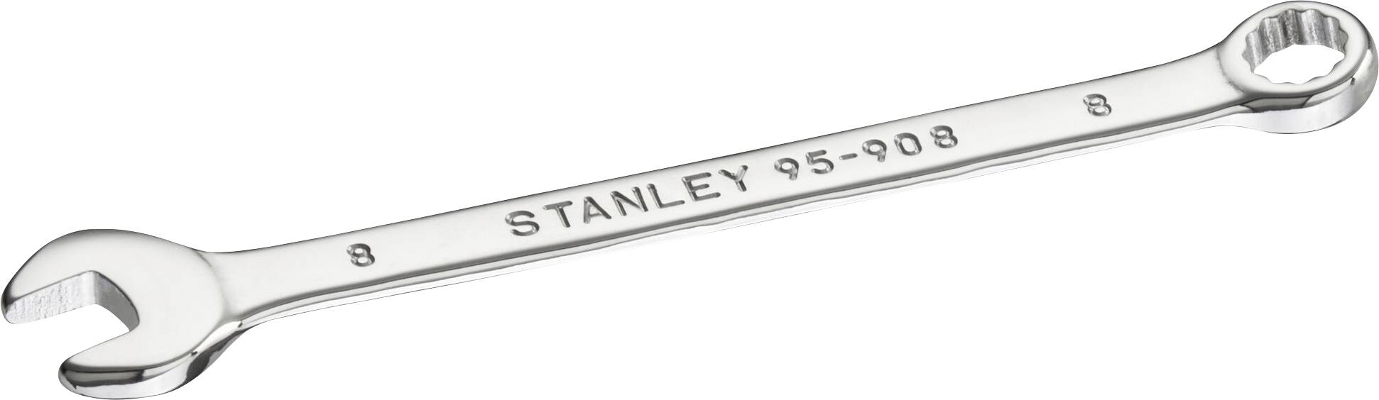 Ein silberner Schraubenschlüssel mit der Aufschrift 'STANLEY 95-908'. Links ein Maulschlüsselende, rechts ein Ringschlüsselende.