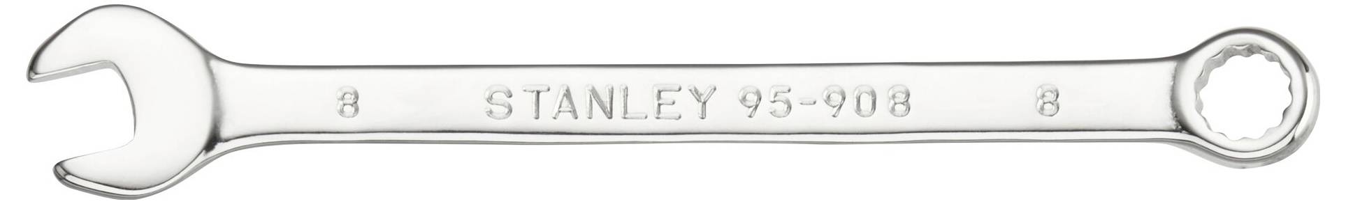 Ein silberner Ringschlüssel mit 'Stanley 95-908' Gravur, doppelseitig, mit offenem und ringförmigem Ende, Größe 8.