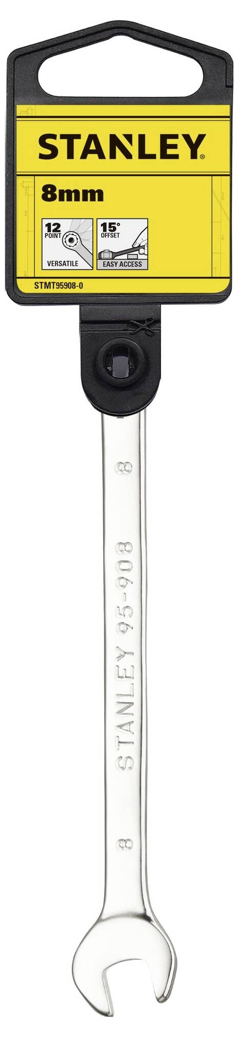 Ein 8-mm-Stanley-Gabelschlüssel mit gelber Verpackung und schwarzem Haken. Geeignet für Muttern und Schrauben der Größe 8 mm.