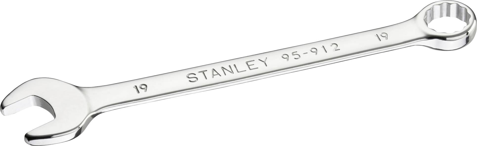 Ein glänzender silberner Schraubenschlüssel mit offener und ringförmiger Seite, gekennzeichnet mit 'STANLEY 19 95-9/12'.