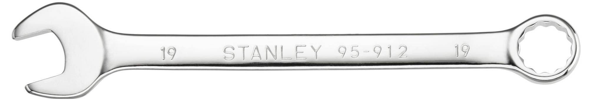 Ein silberner Doppelmaulschlüssel mit einem offenen Ende und einem Ringende, geprägt mit 'STANLEY 95-912' und der Größe 19.