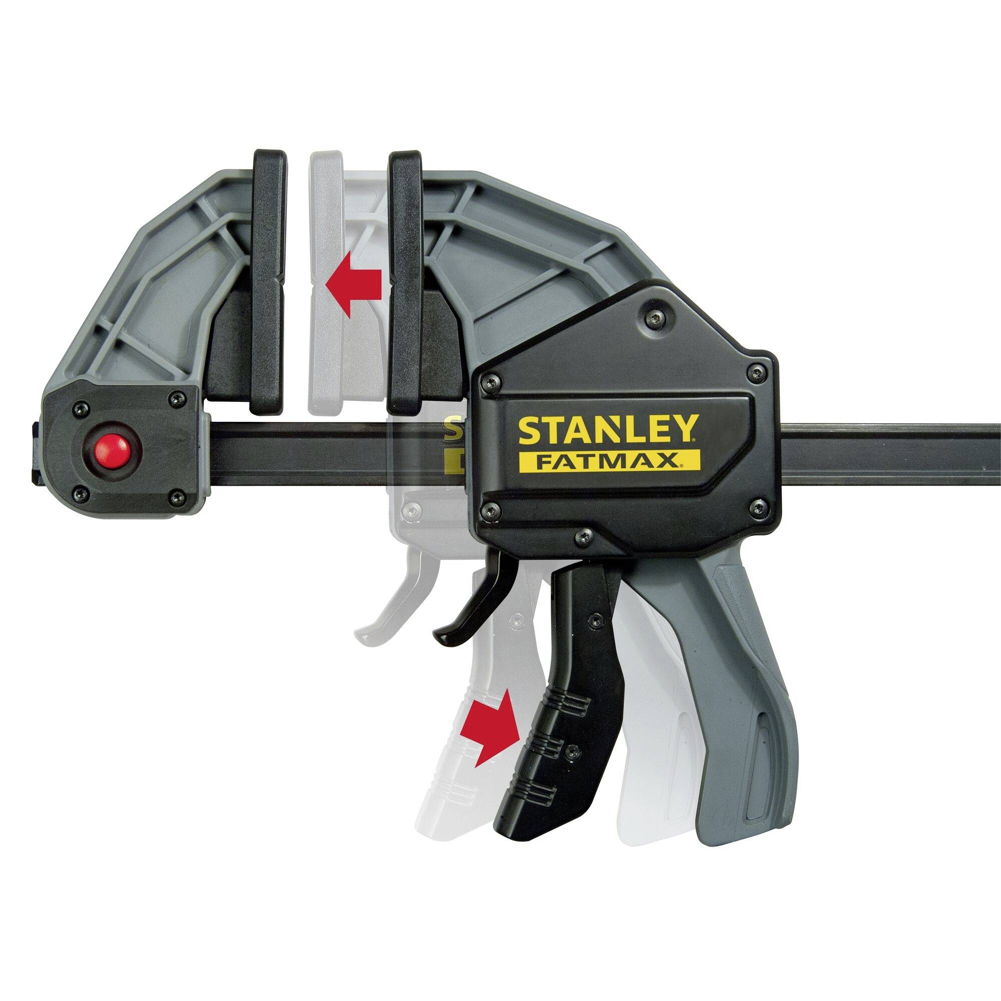 Eine graue Klemmzwinge mit ergonomischem Griff und 'Stanley Fatmax'-Logo, die zum Festklemmen von Werkstücken verwendet wird.