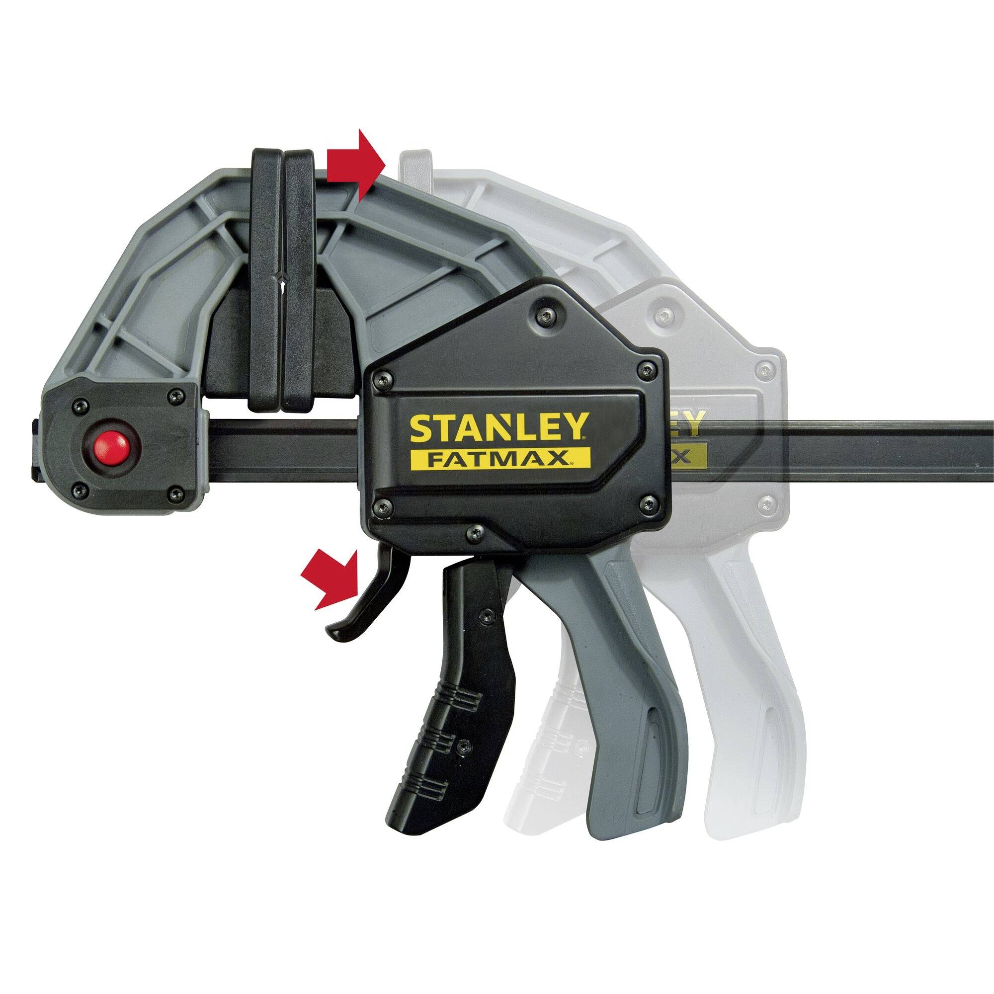 Handwerkzeug 'Stanley Fatmax' Schraubzwinge mit ergonomischem Griff und Auslöser, zeigt Einsatzweise; Pfeile zeigen Bewegungsrichtung.