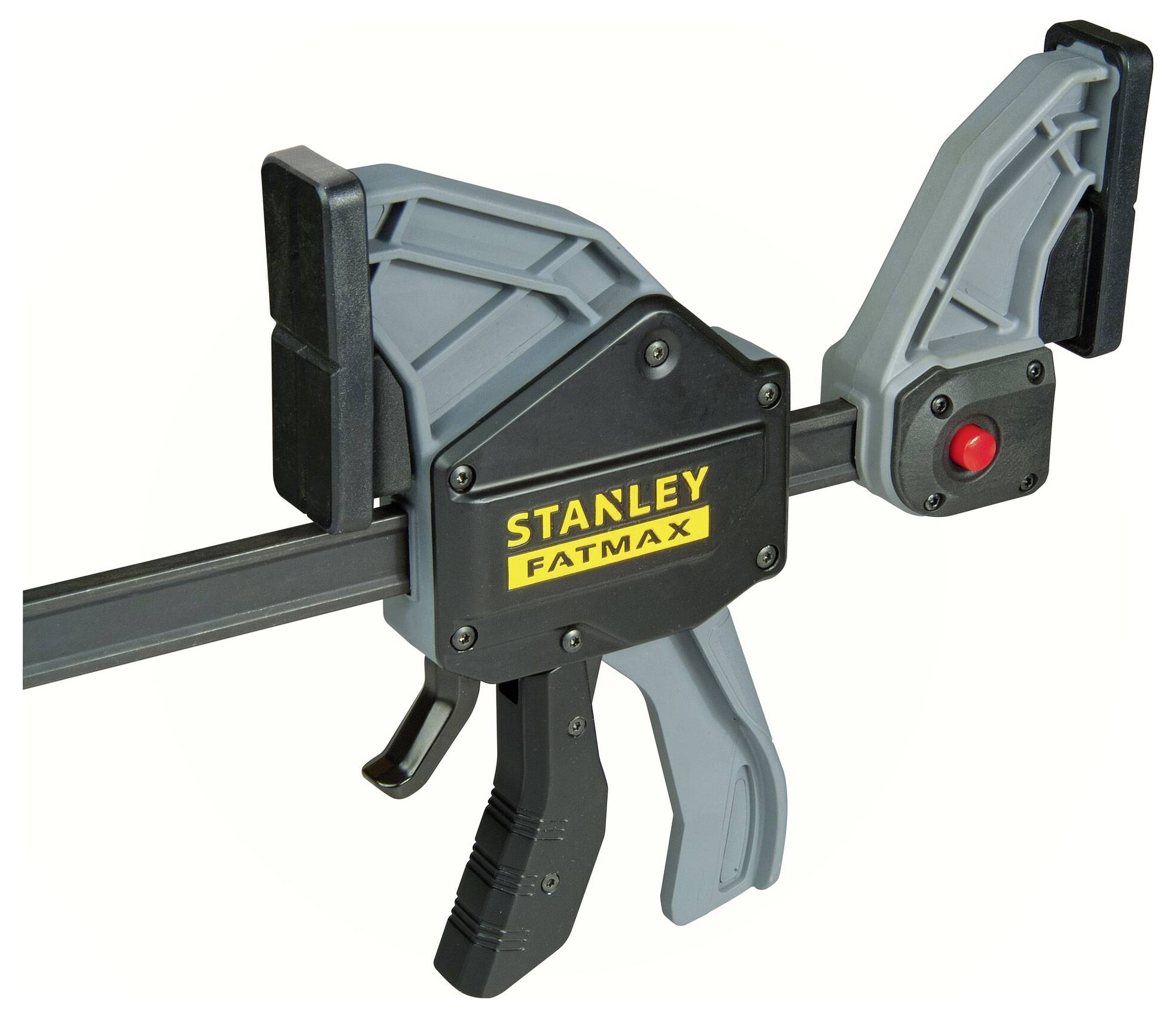 Grauer Stanley Fatmax Schnellspannzwinge mit schwarzem Griff und rotem Knopf, geeignet zum Halten von Werkstücken beim Arbeiten.